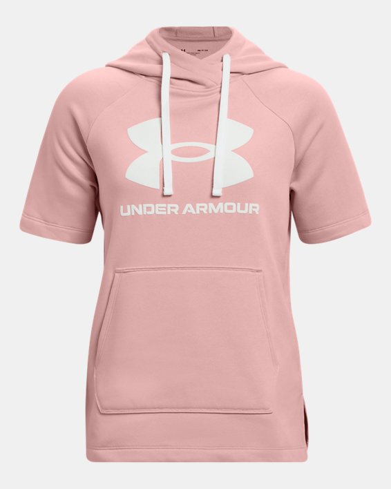 Sweat à capuche et manches courtes UA Rival Fleece pour femme, Pink, pdpMainDesktop image number 4